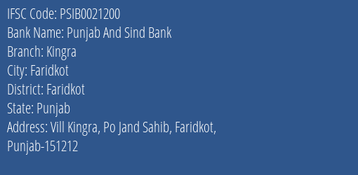 Punjab And Sind Bank Kingra Branch Faridkot IFSC Code PSIB0021200
