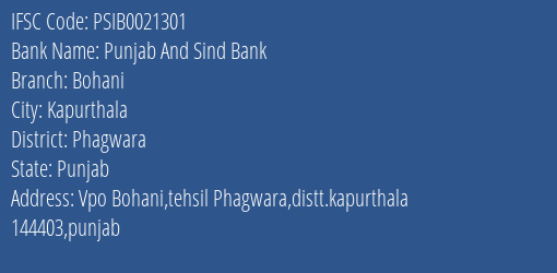 Punjab And Sind Bank Bohani Branch Phagwara IFSC Code PSIB0021301