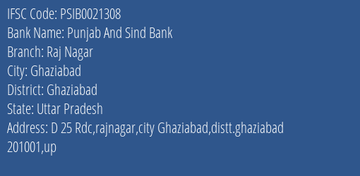 Punjab And Sind Bank Raj Nagar Branch Ghaziabad IFSC Code PSIB0021308