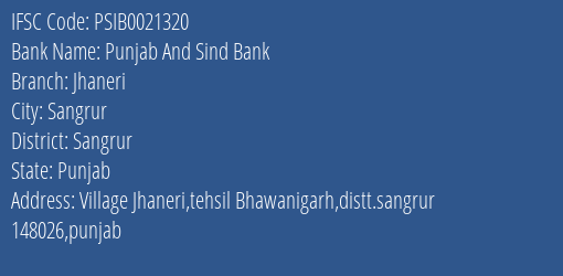 Punjab And Sind Bank Jhaneri Branch, Branch Code 021320 & IFSC Code Psib0021320