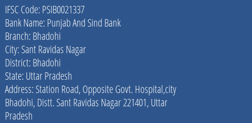 Punjab And Sind Bank Bhadohi Branch Bhadohi IFSC Code PSIB0021337