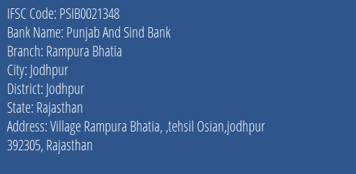 Punjab And Sind Bank Rampura Bhatia Branch Jodhpur IFSC Code PSIB0021348
