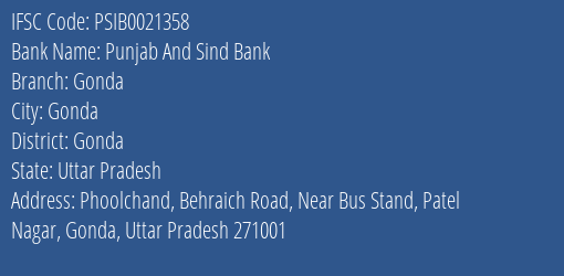 Punjab And Sind Bank Gonda Branch Gonda IFSC Code PSIB0021358