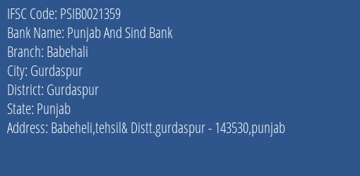 Punjab And Sind Bank Babehali Branch Gurdaspur IFSC Code PSIB0021359