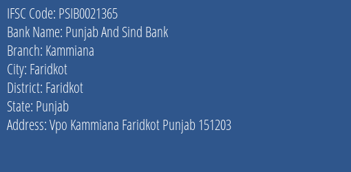Punjab And Sind Bank Kammiana Branch Faridkot IFSC Code PSIB0021365