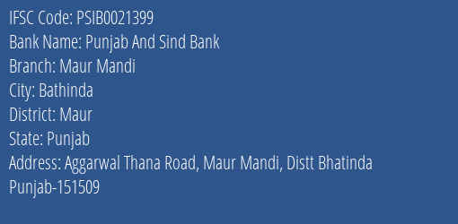 Punjab And Sind Bank Maur Mandi Branch, Branch Code 021399 & IFSC Code Psib0021399