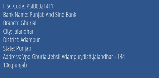 Punjab And Sind Bank Ghurial Branch Adampur IFSC Code PSIB0021411