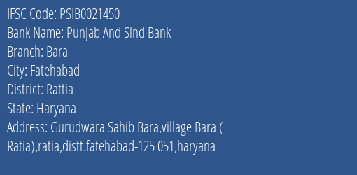 Punjab And Sind Bank Bara Branch Rattia IFSC Code PSIB0021450
