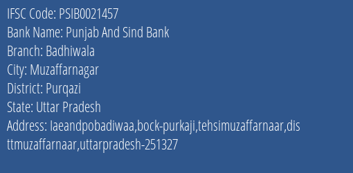 Punjab And Sind Bank Badhiwala Branch Purqazi IFSC Code PSIB0021457