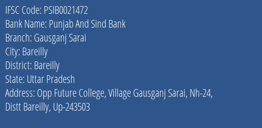Punjab And Sind Bank Gausganj Sarai Branch Bareilly IFSC Code PSIB0021472