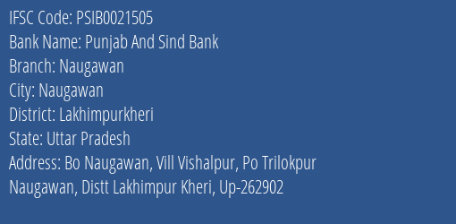 Punjab And Sind Bank Naugawan Branch Lakhimpurkheri IFSC Code PSIB0021505