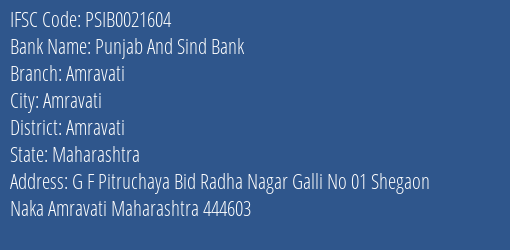Punjab And Sind Bank Amravati Branch Amravati IFSC Code PSIB0021604
