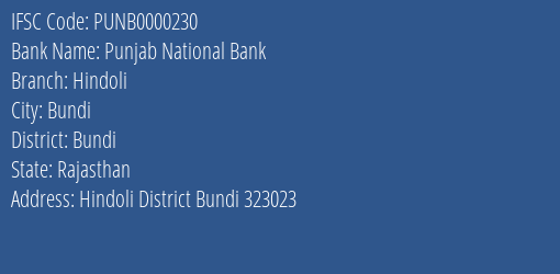 Punjab National Bank Hindoli Branch, Branch Code 000230 & IFSC Code PUNB0000230