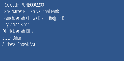 Punjab National Bank Arrah Chowk Distt. Bhojpur B Branch Arrah Bihar IFSC Code PUNB0002200