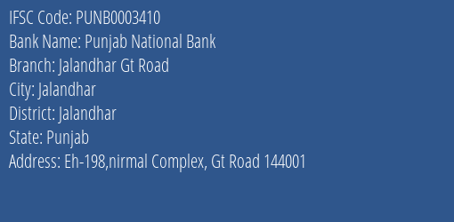 Punjab National Bank Jalandhar Gt Road Branch Jalandhar IFSC Code PUNB0003410