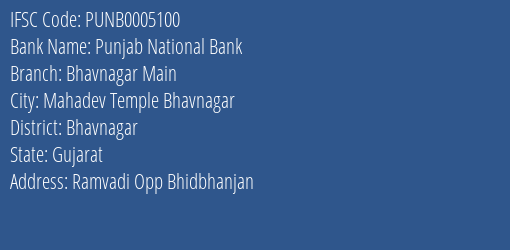 Punjab National Bank Bhavnagar Main Branch Bhavnagar IFSC Code PUNB0005100