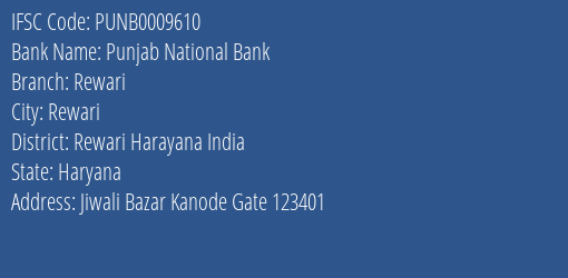 Punjab National Bank Rewari Branch Rewari Harayana India IFSC Code PUNB0009610