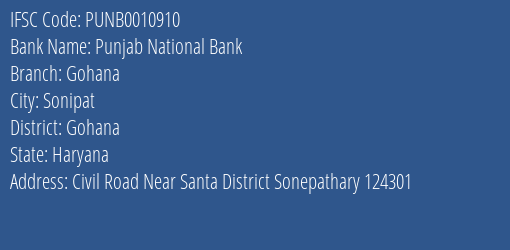 Punjab National Bank Gohana Branch Gohana IFSC Code PUNB0010910
