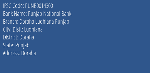 Punjab National Bank Doraha Ludhiana Punjab Branch Doraha IFSC Code PUNB0014300