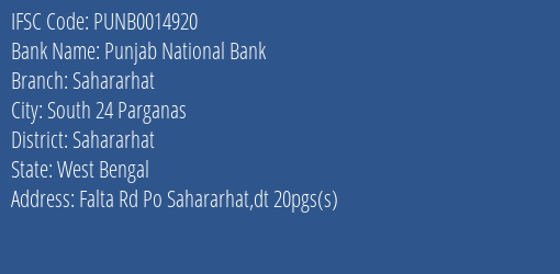 Punjab National Bank Sahararhat Branch Sahararhat IFSC Code PUNB0014920