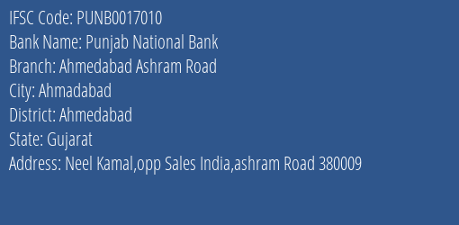 Punjab National Bank Ahmedabad Ashram Road Branch Ahmedabad IFSC Code PUNB0017010