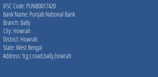 Punjab National Bank Bally Branch Howrah IFSC Code PUNB0017420