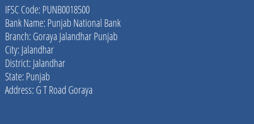 Punjab National Bank Goraya Jalandhar Punjab Branch Jalandhar IFSC Code PUNB0018500
