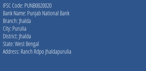 Punjab National Bank Jhalda Branch Jhalda IFSC Code PUNB0020020