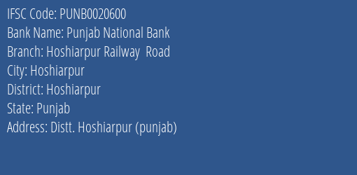 Punjab National Bank Hoshiarpur Railway Road Branch Hoshiarpur IFSC Code PUNB0020600