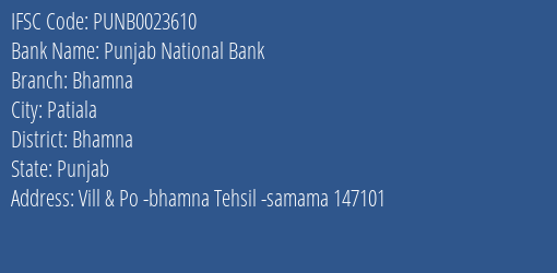 Punjab National Bank Bhamna Branch Bhamna IFSC Code PUNB0023610