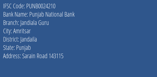 Punjab National Bank Jandiala Guru Branch Jandaila IFSC Code PUNB0024210