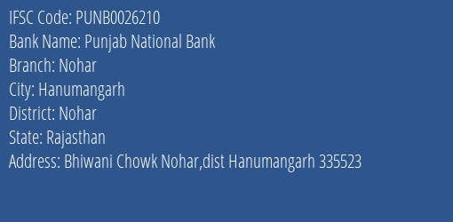 Punjab National Bank Nohar Branch Nohar IFSC Code PUNB0026210