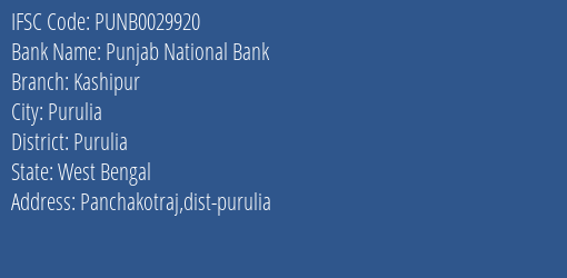 Punjab National Bank Kashipur Branch Purulia IFSC Code PUNB0029920