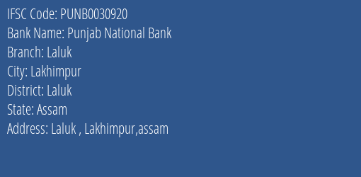Punjab National Bank Laluk Branch Laluk IFSC Code PUNB0030920