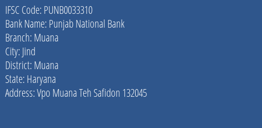Punjab National Bank Muana Branch Muana IFSC Code PUNB0033310
