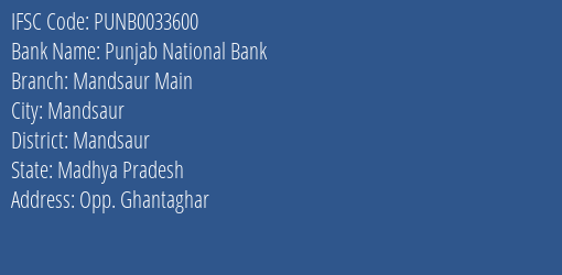Punjab National Bank Mandsaur Main Branch Mandsaur IFSC Code PUNB0033600