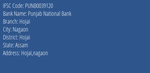 Punjab National Bank Hojai Branch Hojai IFSC Code PUNB0039120