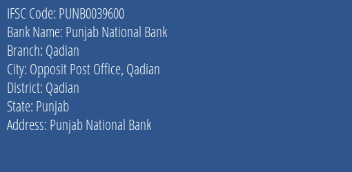 Punjab National Bank Qadian Branch Qadian IFSC Code PUNB0039600