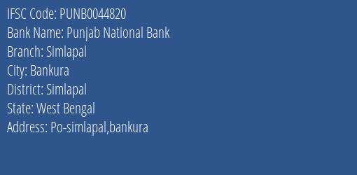 Punjab National Bank Simlapal Branch Simlapal IFSC Code PUNB0044820