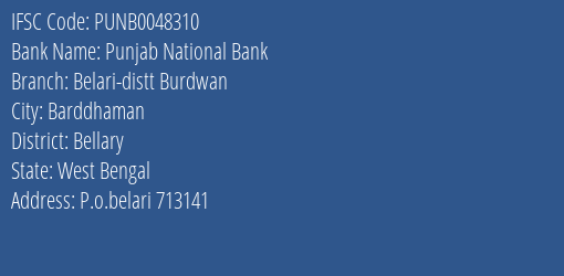 Punjab National Bank Belari Distt Burdwan Branch Bellary IFSC Code PUNB0048310