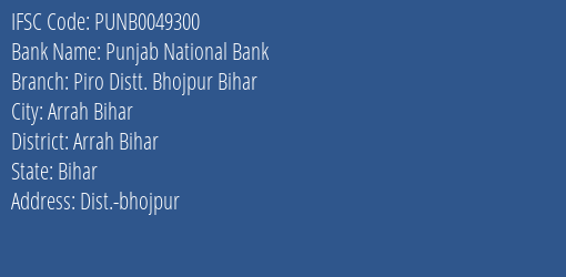 Punjab National Bank Piro Distt. Bhojpur Bihar Branch Arrah Bihar IFSC Code PUNB0049300