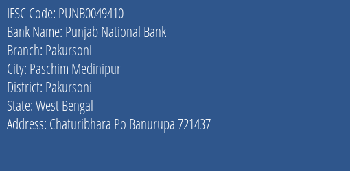 Punjab National Bank Pakursoni Branch Pakursoni IFSC Code PUNB0049410