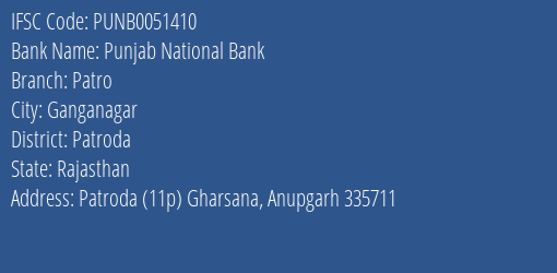 Punjab National Bank Patro Branch Patroda IFSC Code PUNB0051410