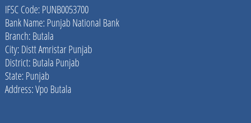 Punjab National Bank Butala Branch Butala Punjab IFSC Code PUNB0053700