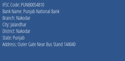 Punjab National Bank Nakodar Branch Nakodar IFSC Code PUNB0054810