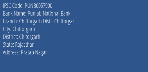 Punjab National Bank Chittorgarh Distt. Chittorgar Branch Chitorgarh IFSC Code PUNB0057900