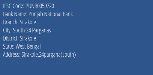 Punjab National Bank Sirakole Branch Sirakole IFSC Code PUNB0059720