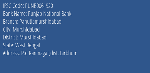 Punjab National Bank Panutiamurshidabad Branch Murshidabad IFSC Code PUNB0061920