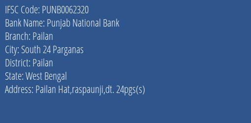 Punjab National Bank Pailan Branch Pailan IFSC Code PUNB0062320