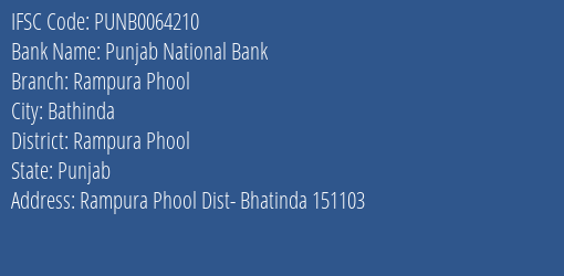 Punjab National Bank Rampura Phool Branch Rampura Phool IFSC Code PUNB0064210